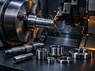 CNC-Drehmaschine bei der Präzisionsbearbeitung mit Drehteilen